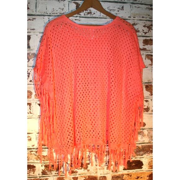 No Boundaries Coral Fringe Hem Poncho Cover-Up Top - Picture 7 of 7